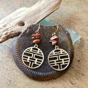 Gold 囍 Chinese Double Happiness & Gold Stones Earrings (Wedding Bridal Shower)
